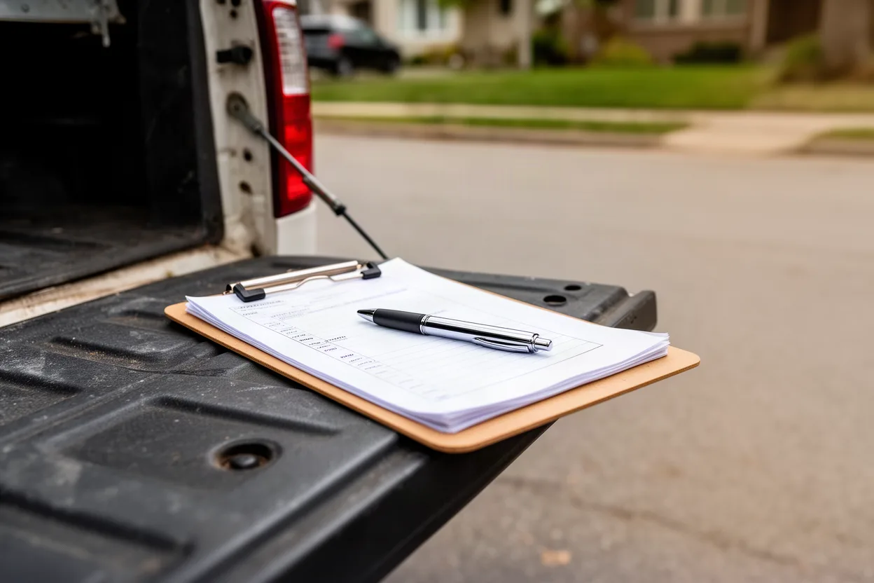 Amateur photo of a clipboard and a pen resting on the tailgate of a service truck