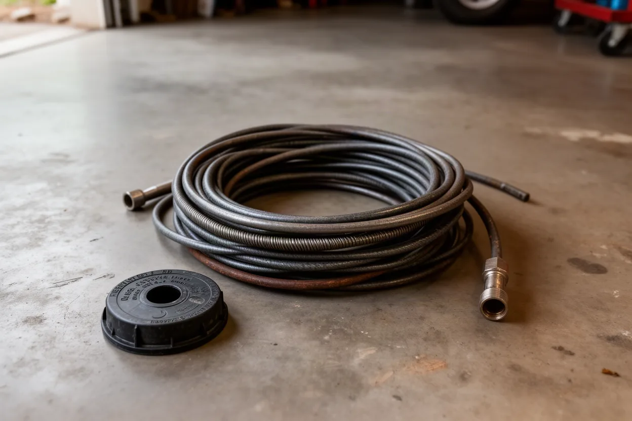 Amateur photo of a plumber's drain cable coiled on a garage floor next to a cleanout cap