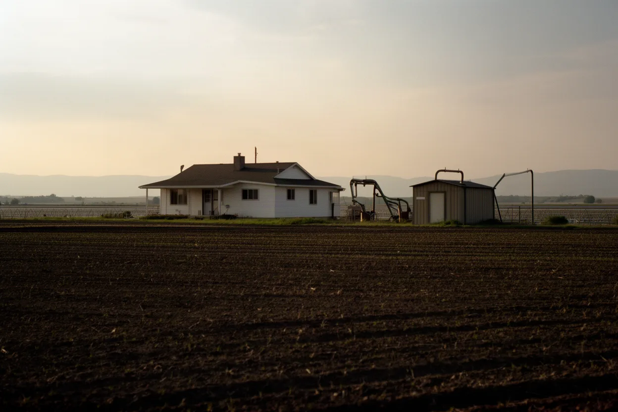 Amateur photo of a rural farmhouse at the edge of an Idaho irrigation field
