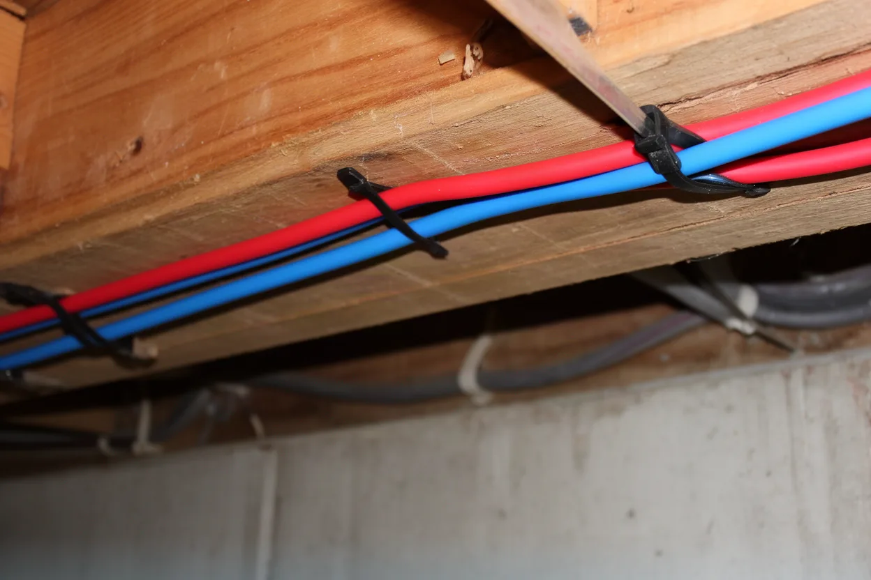Two new PEX supply lines strapped neatly along a basement joist