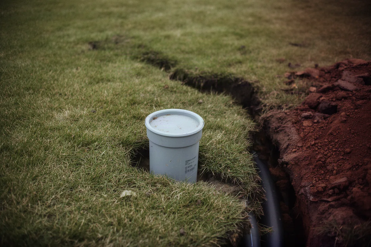 Amateur photo of a PVC cleanout riser in a lawn near a sewer line dig