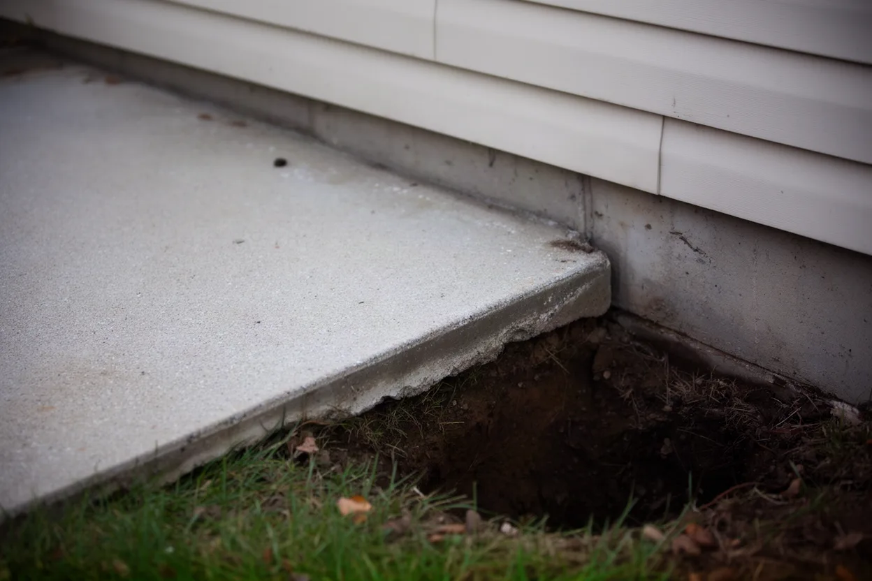 Amateur photo of a concrete slab edge with a small excavation beside a house footing
