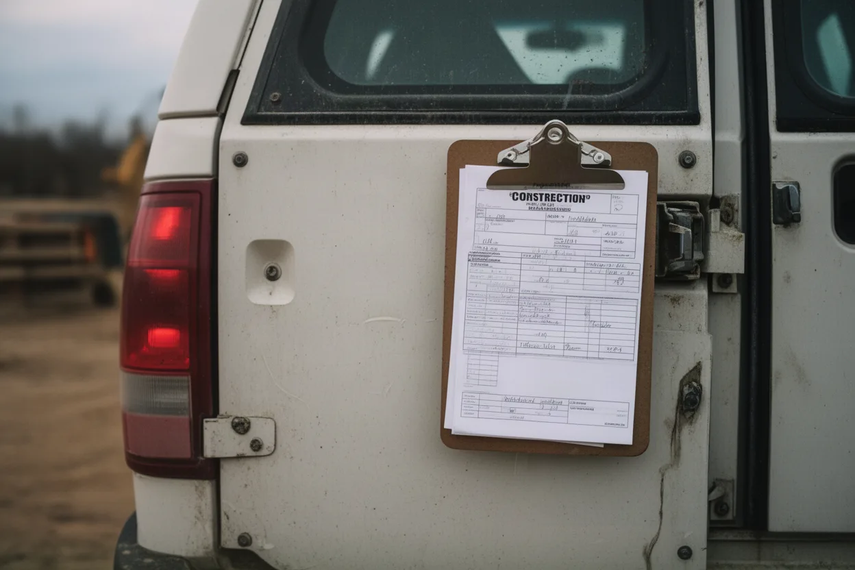 Amateur photo of a work truck's rear door with a clipboard and contractor paperwork